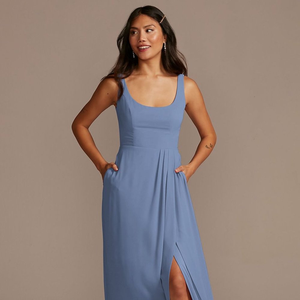 David's Bridal chiffon tank scoop neck bridesmaid/prom dress in steel blue